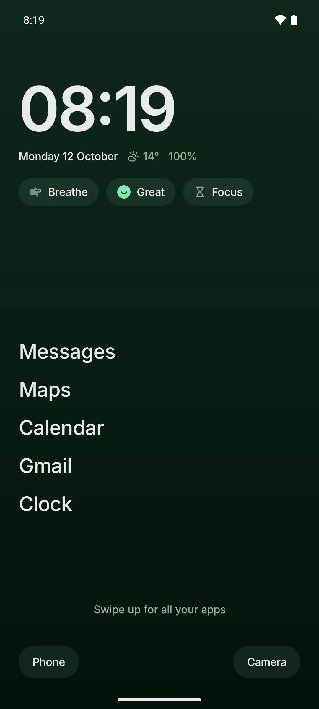 Tide's home screen in Kelp, Dark: the time 08:19, Monday 12 October with the weather and the battery, the Breathe button, today's mood (Great) and the Focus button, five apps as words, and Phone and Camera in the corners.