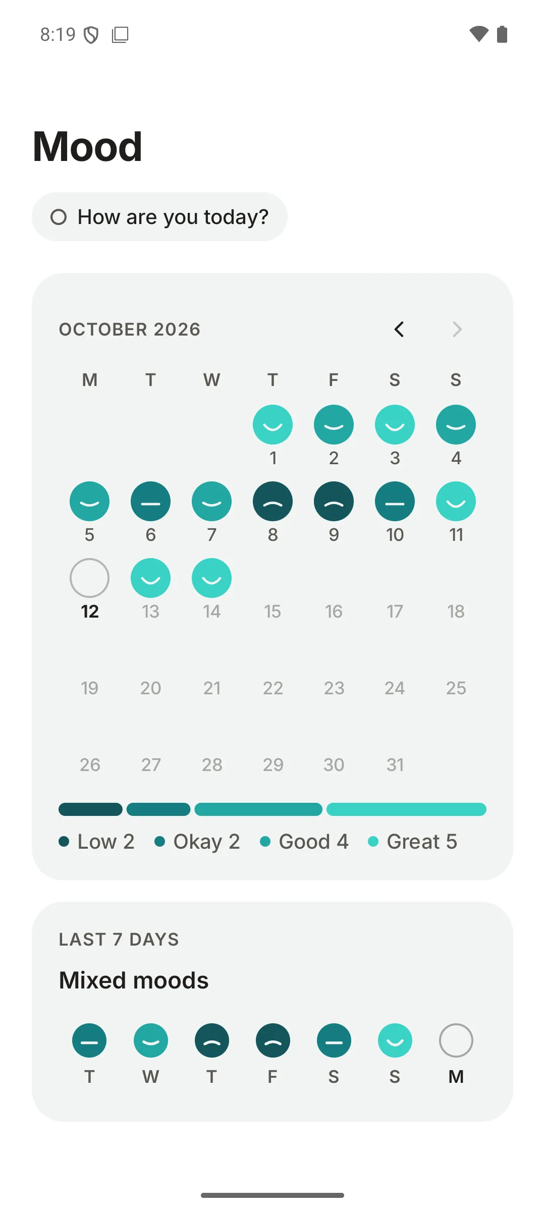 The Mood page in Tidepool, Light: October as a calendar of faces, how many days had each mood, and the last 7 days.