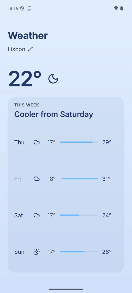 Tide's Weather page in Deep sea, Pastel, on a phone in Lisbon.